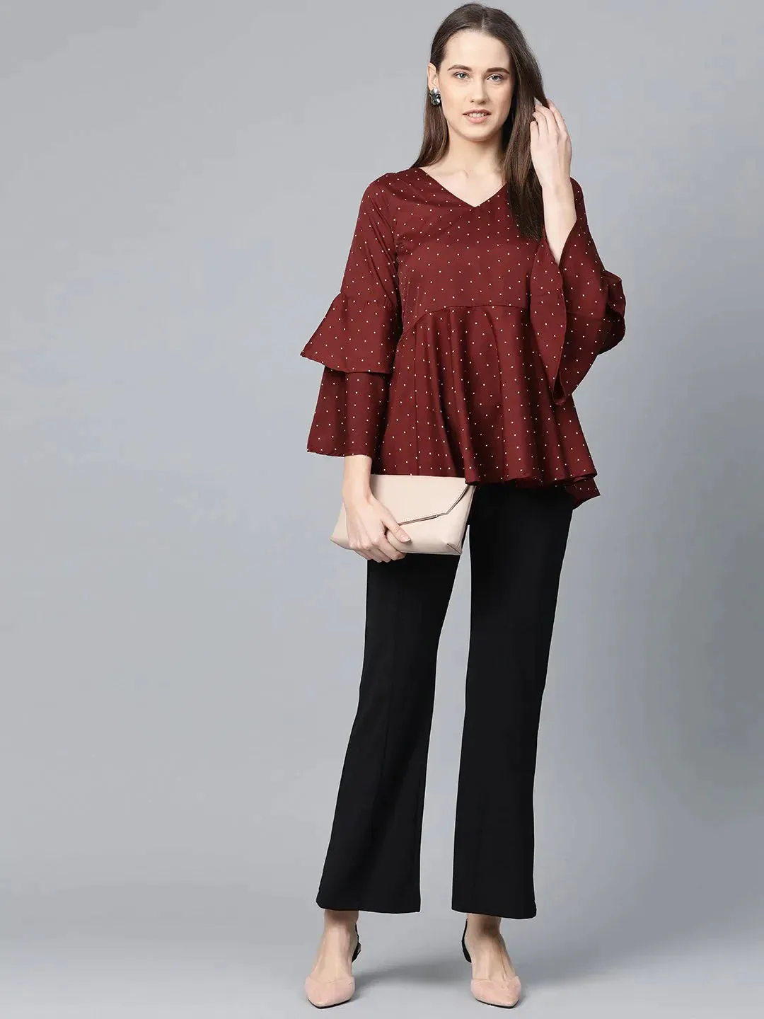 Women Maroon & White Printed A-Line Top