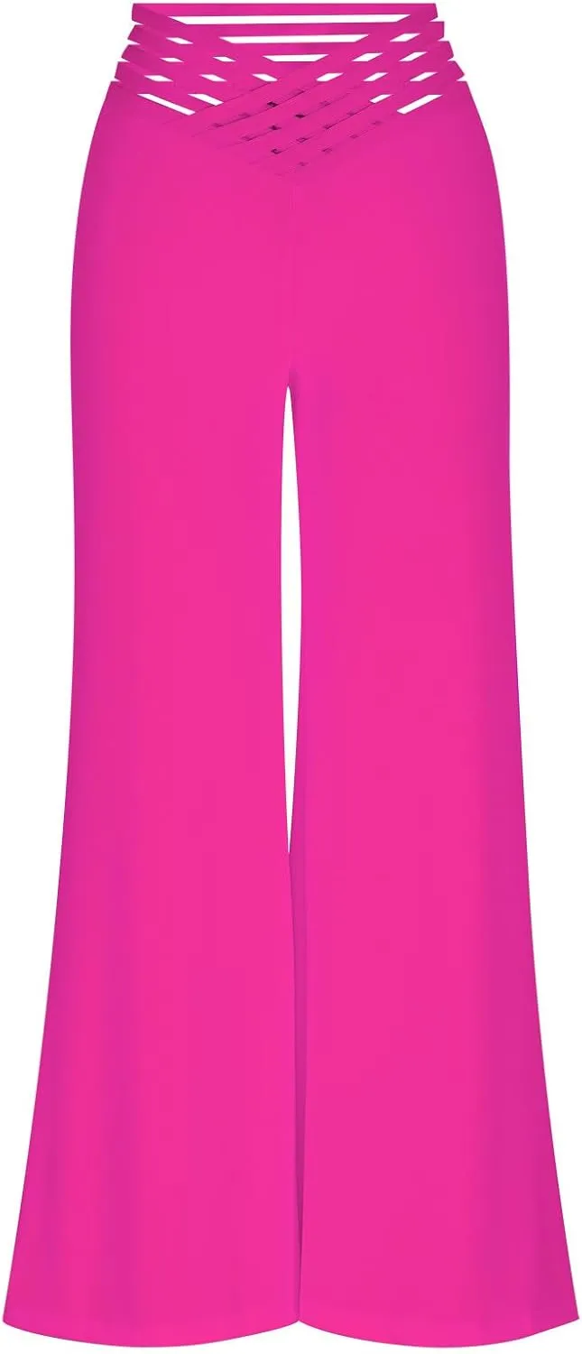 Women Sexy Hollow Out Waist Pants Wide Leg Hide Belly Slacks Stylish Solid Color Loose Fit Trousers 2025