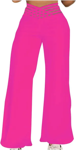 Women Sexy Hollow Out Waist Pants Wide Leg Hide Belly Slacks Stylish Solid Color Loose Fit Trousers 2025
