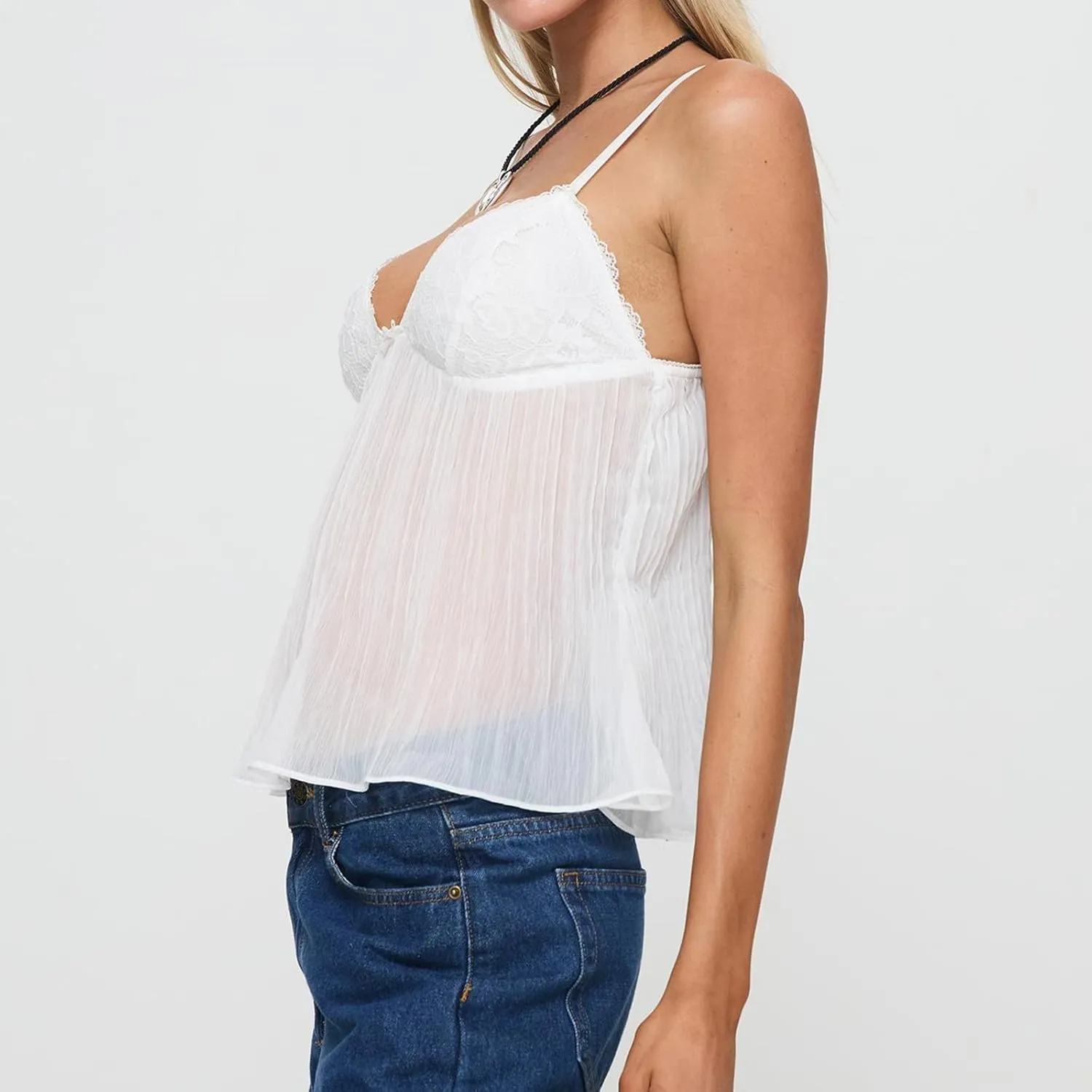Women Y2k Spaghetti Strap Camisole Crop Top Mesh See Through Slim Fit Tank Top Going Out Shirt Vest Tops Streetwear