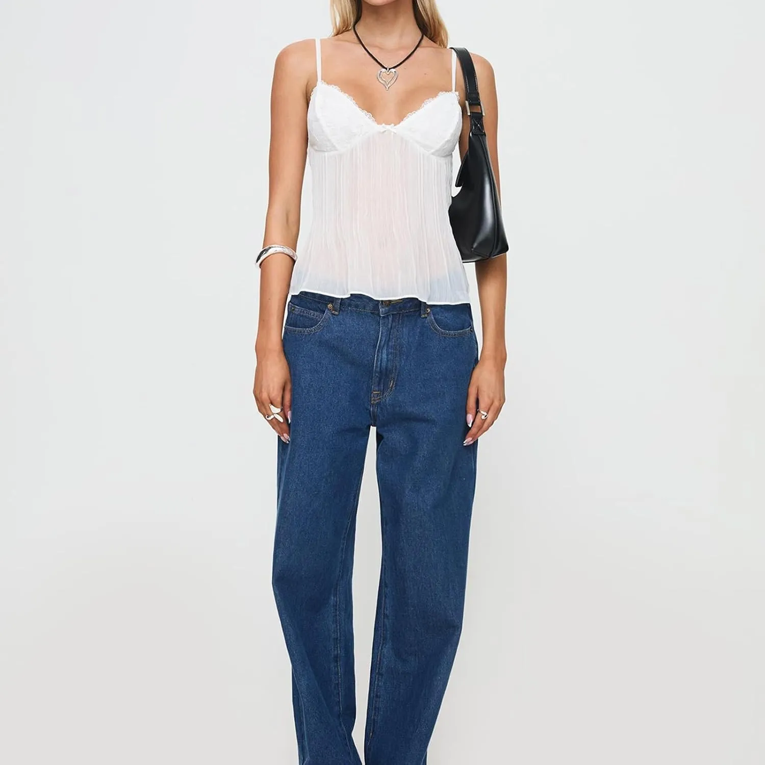 Women Y2k Spaghetti Strap Camisole Crop Top Mesh See Through Slim Fit Tank Top Going Out Shirt Vest Tops Streetwear