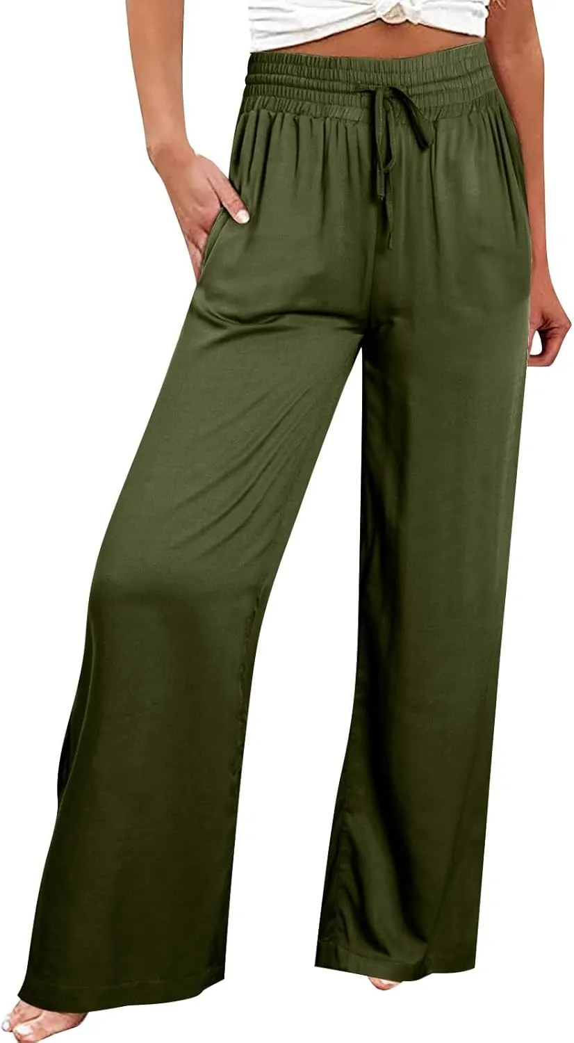Womens Business Pants Fashion Dressy Wide Leg Work Pant Drawstring High Waisted Solid Color Loose Casual Trousers