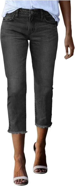 Women's Capri Jeans High Waisted Summer Fashion Straight Leg Denim Cropped Pant Casual Raw Hem Stretch Jeans Capris