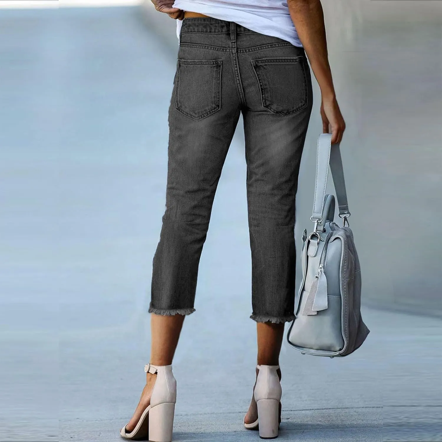 Women's Capri Jeans High Waisted Summer Fashion Straight Leg Denim Cropped Pant Casual Raw Hem Stretch Jeans Capris