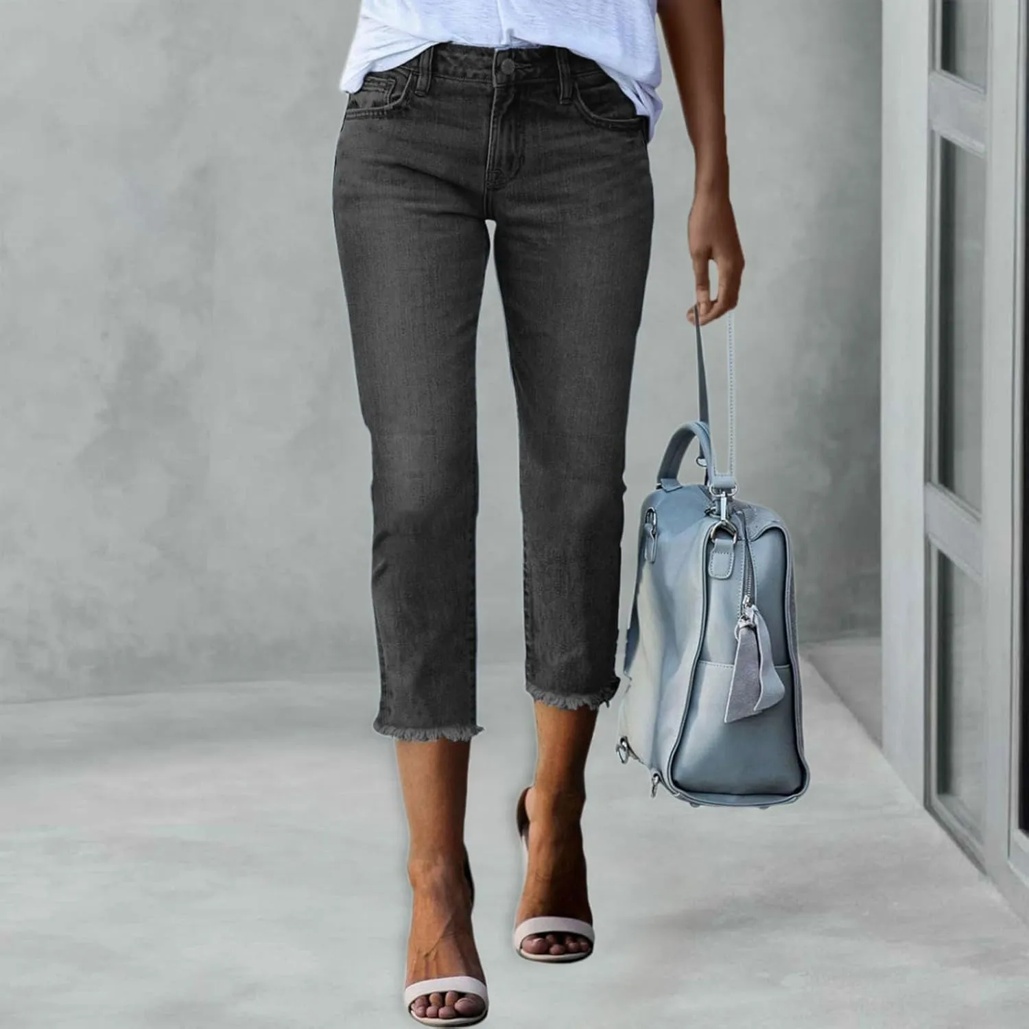 Women's Capri Jeans High Waisted Summer Fashion Straight Leg Denim Cropped Pant Casual Raw Hem Stretch Jeans Capris