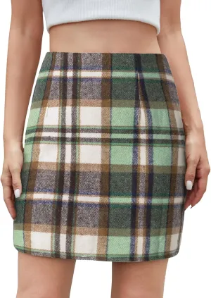 Women's Casual Plaid Skirt Zipper Side High Waisted Bodycon Mini Skirt