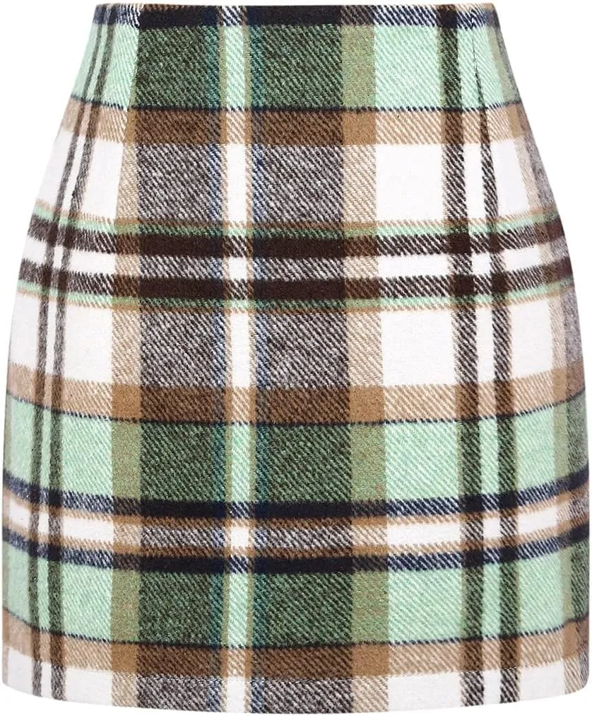 Women's Casual Plaid Skirt Zipper Side High Waisted Bodycon Mini Skirt