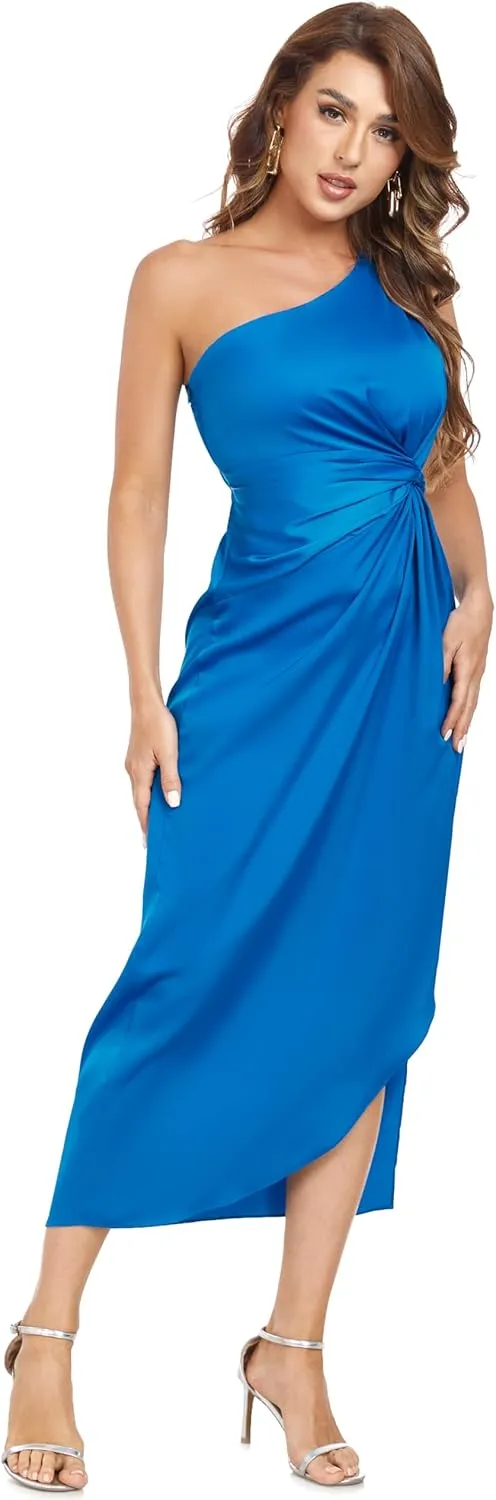 Women's One Shoulder Satin Silk Backless Split Wrap Hem Twist Ruched Summer Party Cocktail Midi Dress