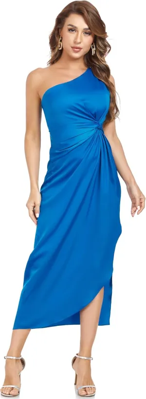Women's One Shoulder Satin Silk Backless Split Wrap Hem Twist Ruched Summer Party Cocktail Midi Dress