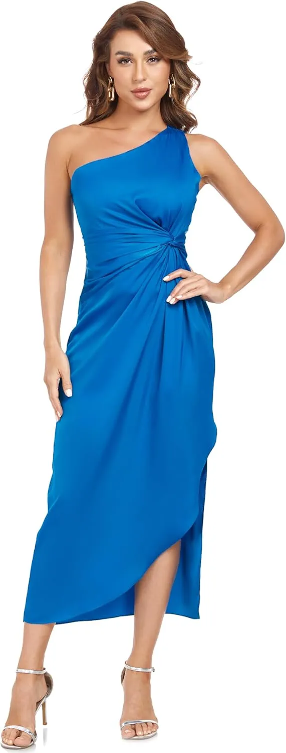 Women's One Shoulder Satin Silk Backless Split Wrap Hem Twist Ruched Summer Party Cocktail Midi Dress