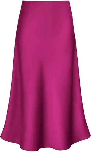 Women's Satin High Waist Hidden Elasticized Waistband Flared Casual A Line Midi Skirt