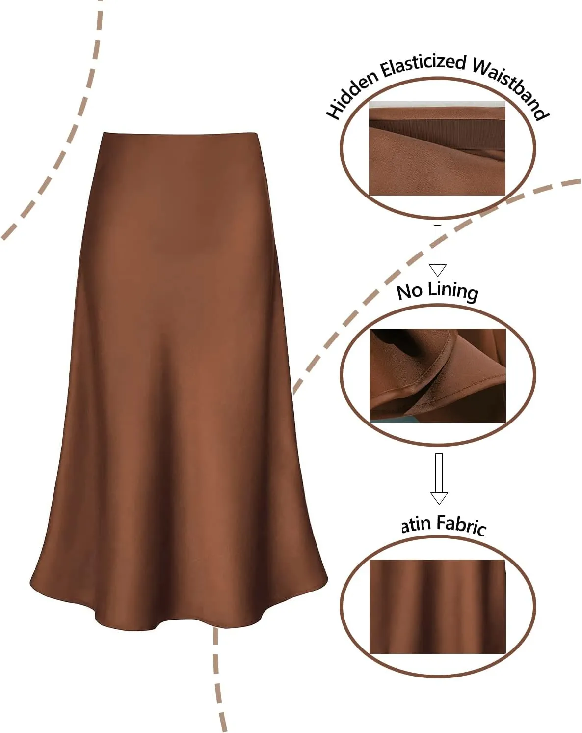 Women's Satin High Waist Hidden Elasticized Waistband Flared Casual A Line Midi Skirt