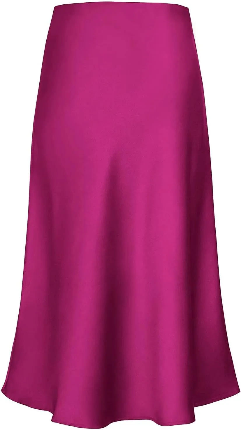 Women's Satin High Waist Hidden Elasticized Waistband Flared Casual A Line Midi Skirt