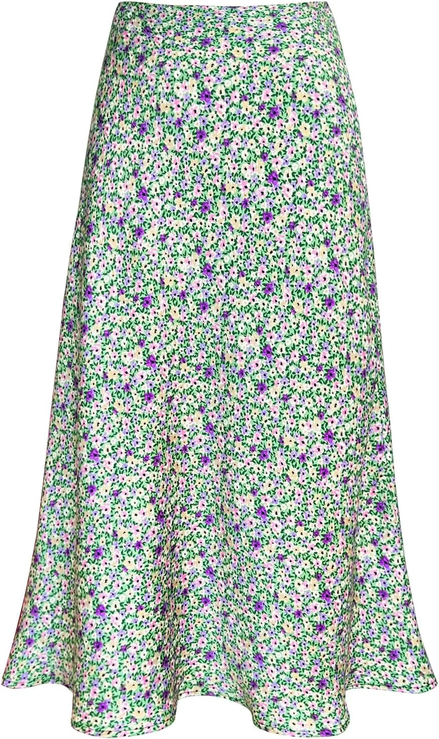 Women's Satin High Waist Hidden Elasticized Waistband Flared Casual A Line Midi Skirt
