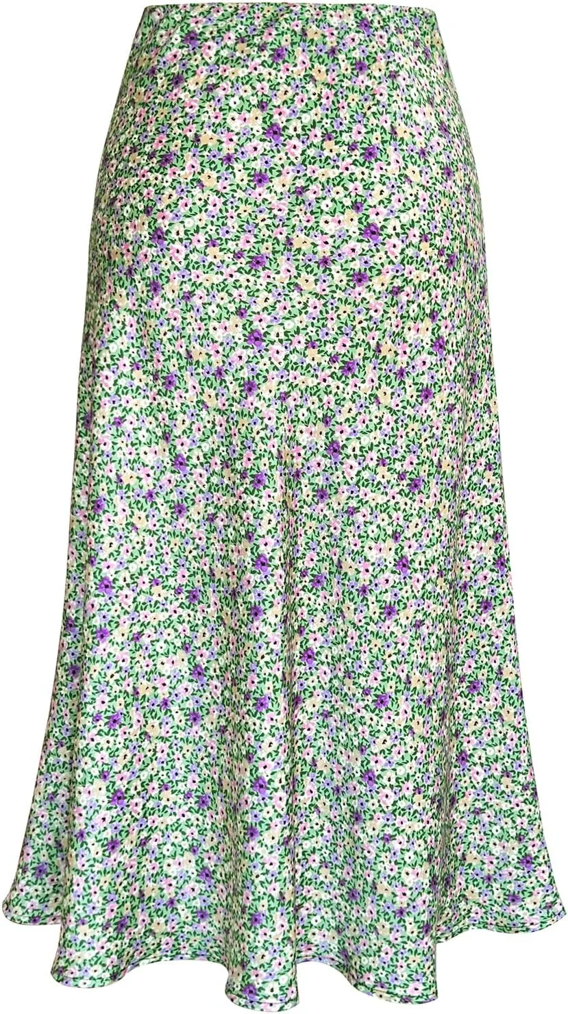Women's Satin High Waist Hidden Elasticized Waistband Flared Casual A Line Midi Skirt