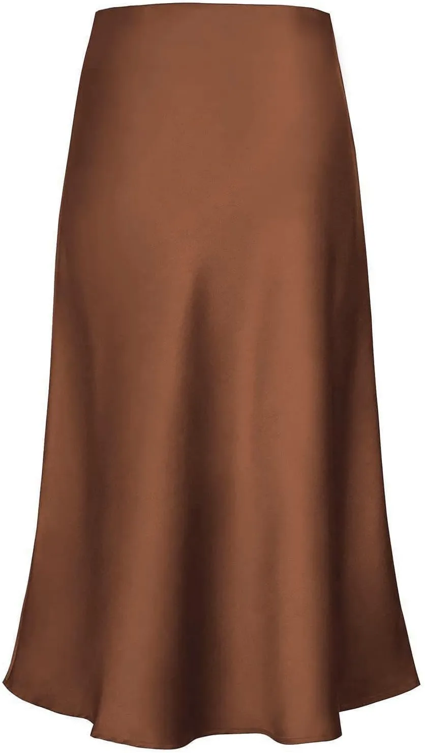 Women's Satin High Waist Hidden Elasticized Waistband Flared Casual A Line Midi Skirt