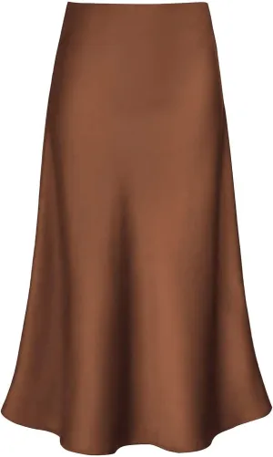 Women's Satin High Waist Hidden Elasticized Waistband Flared Casual A Line Midi Skirt