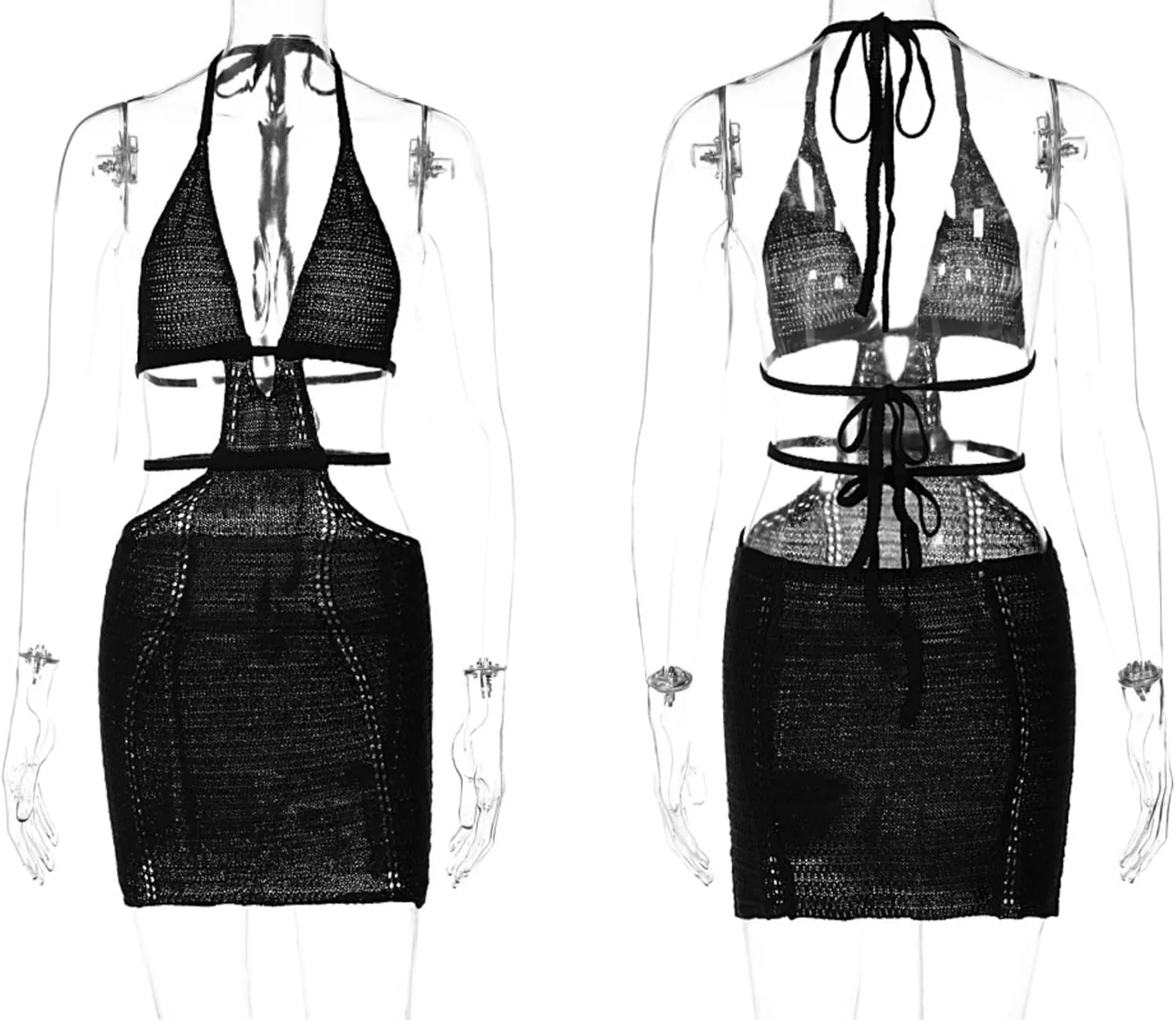 Women's Sexy Halter Hollow Out Knitted Mini Dress Sleeveless Backless Lace Up Bodycon Summer Beach Dress