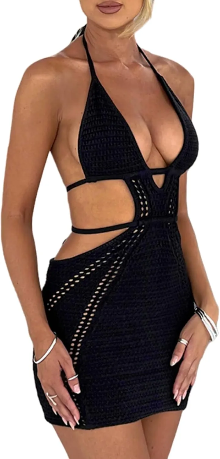 Women's Sexy Halter Hollow Out Knitted Mini Dress Sleeveless Backless Lace Up Bodycon Summer Beach Dress