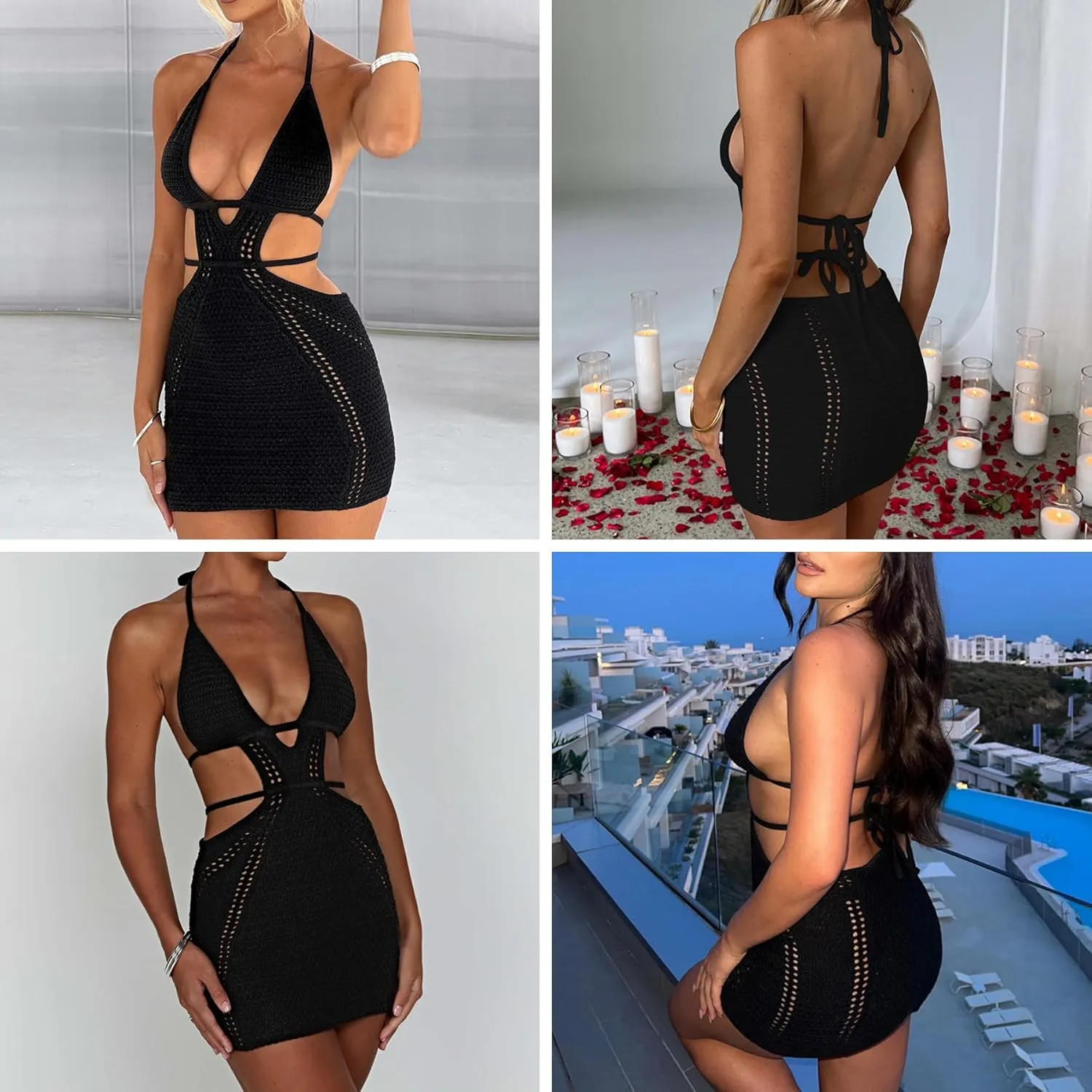 Women's Sexy Halter Hollow Out Knitted Mini Dress Sleeveless Backless Lace Up Bodycon Summer Beach Dress