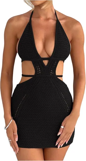 Women's Sexy Halter Hollow Out Knitted Mini Dress Sleeveless Backless Lace Up Bodycon Summer Beach Dress