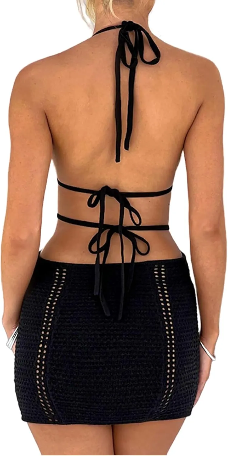 Women's Sexy Halter Hollow Out Knitted Mini Dress Sleeveless Backless Lace Up Bodycon Summer Beach Dress