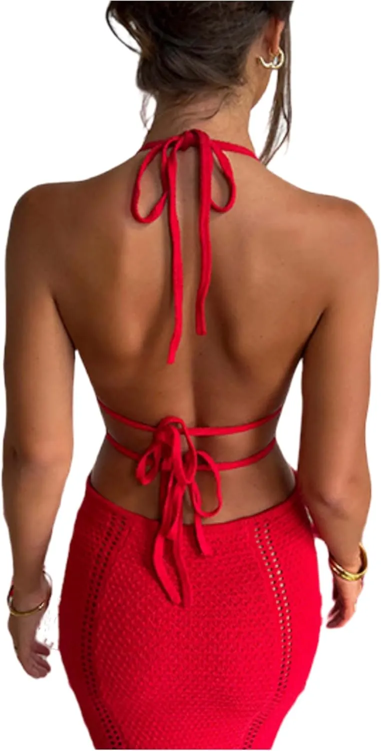 Women's Sexy Halter Hollow Out Knitted Mini Dress Sleeveless Backless Lace Up Bodycon Summer Beach Dress