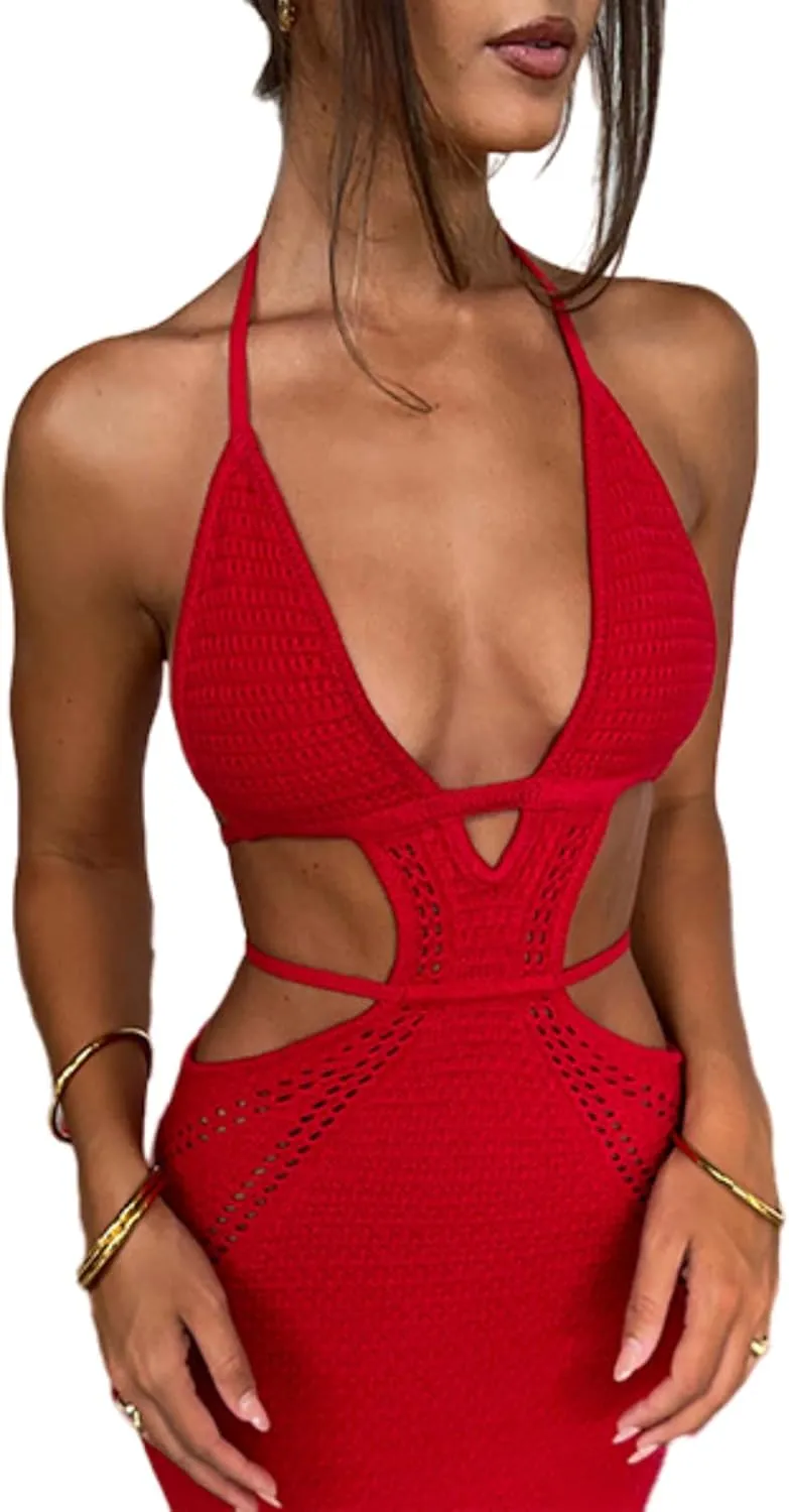 Women's Sexy Halter Hollow Out Knitted Mini Dress Sleeveless Backless Lace Up Bodycon Summer Beach Dress