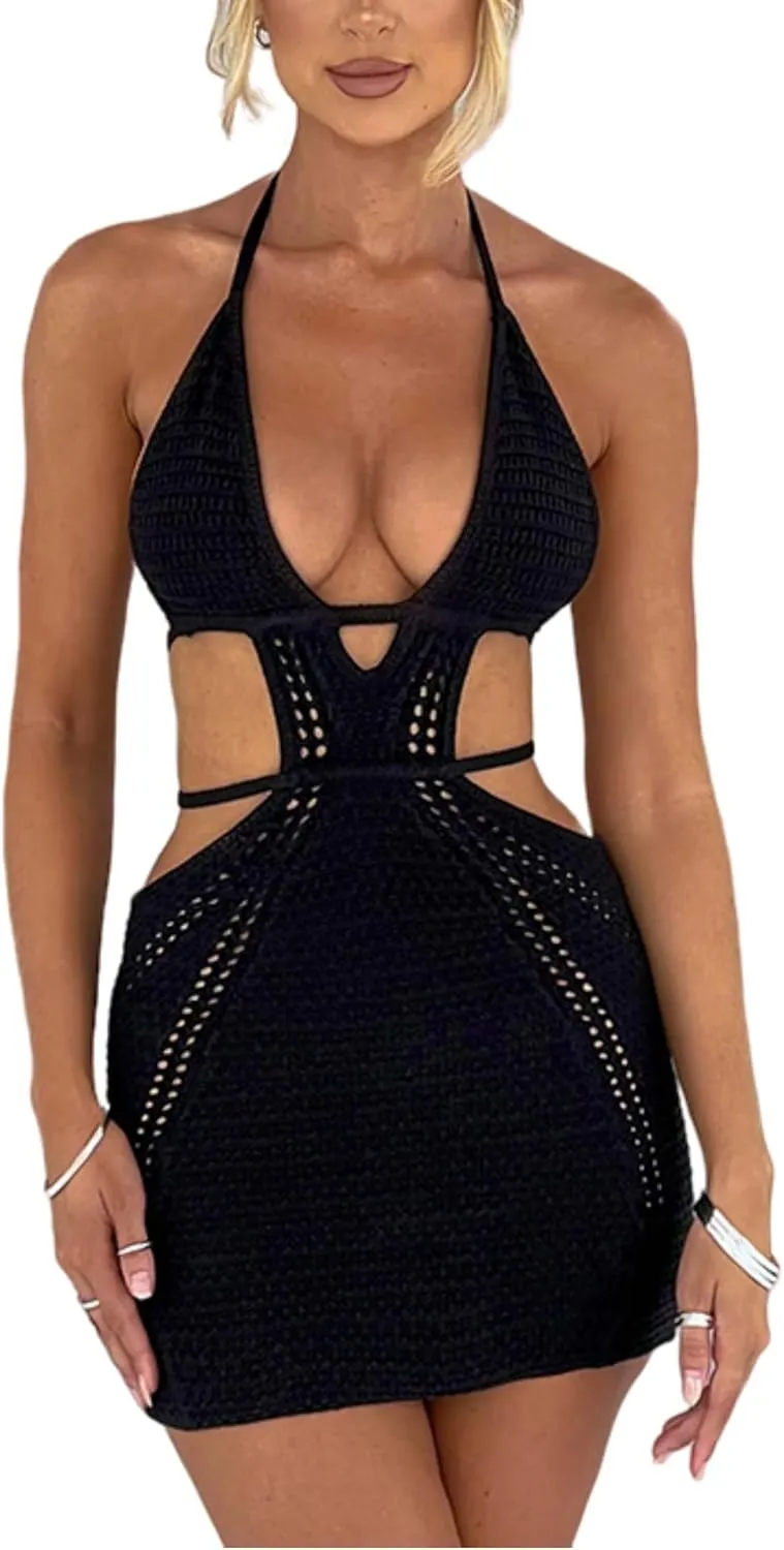 Women's Sexy Halter Hollow Out Knitted Mini Dress Sleeveless Backless Lace Up Bodycon Summer Beach Dress