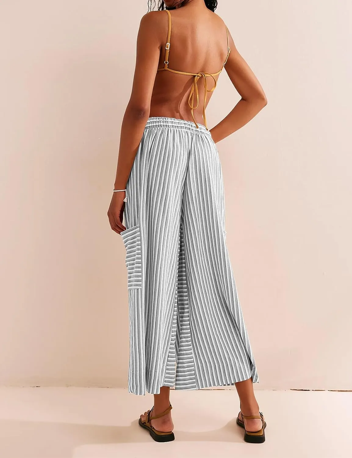Women's Wide Leg Lounge Pants Striped Mid Waisted Drawstring Beach Pants Capri Pants Trousers with Pockets