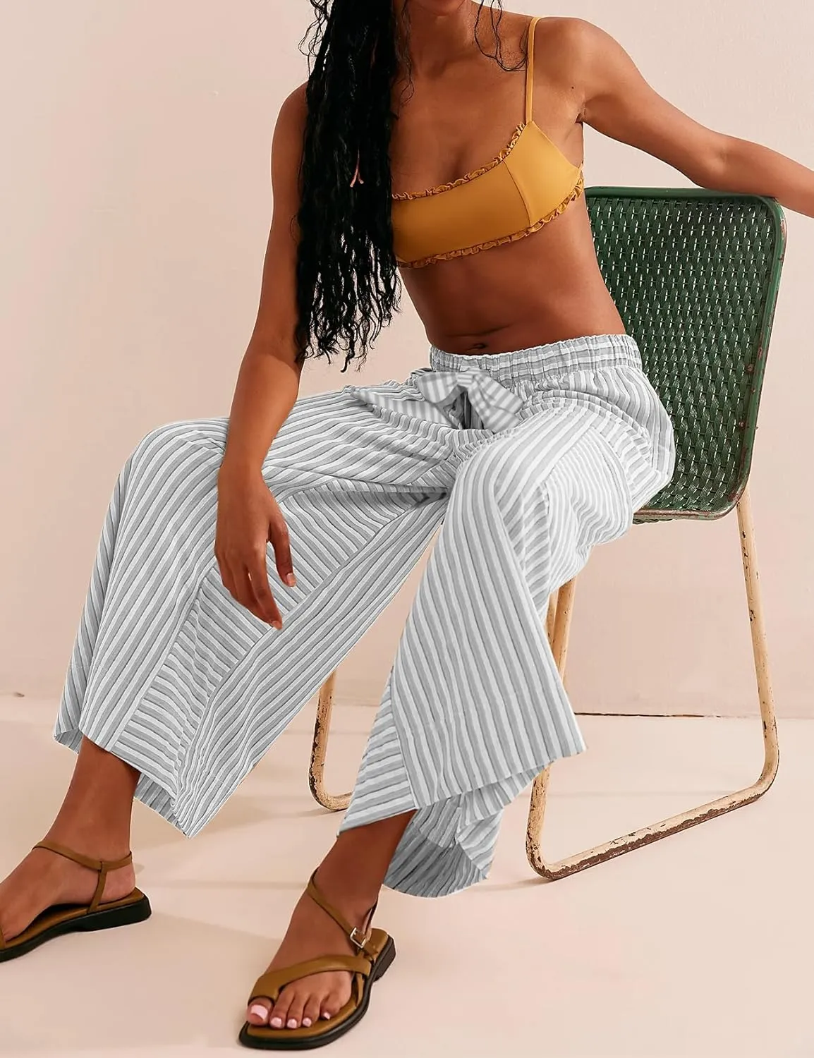 Women's Wide Leg Lounge Pants Striped Mid Waisted Drawstring Beach Pants Capri Pants Trousers with Pockets