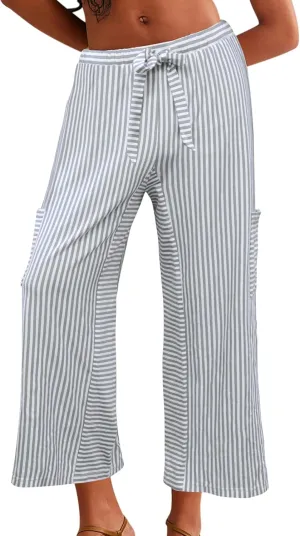 Women's Wide Leg Lounge Pants Striped Mid Waisted Drawstring Beach Pants Capri Pants Trousers with Pockets