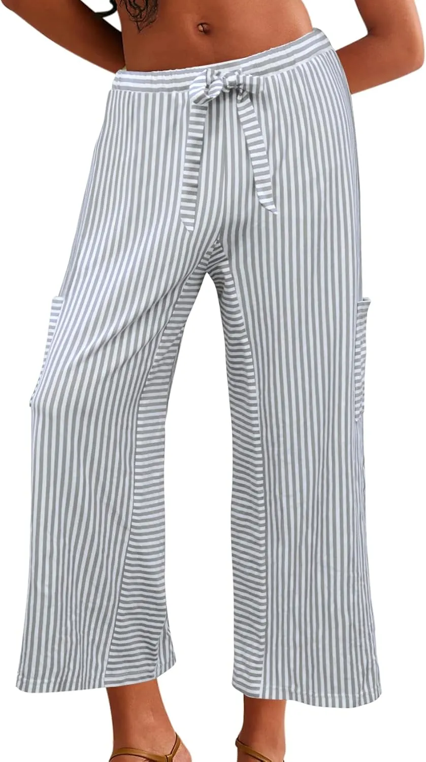 Women's Wide Leg Lounge Pants Striped Mid Waisted Drawstring Beach Pants Capri Pants Trousers with Pockets