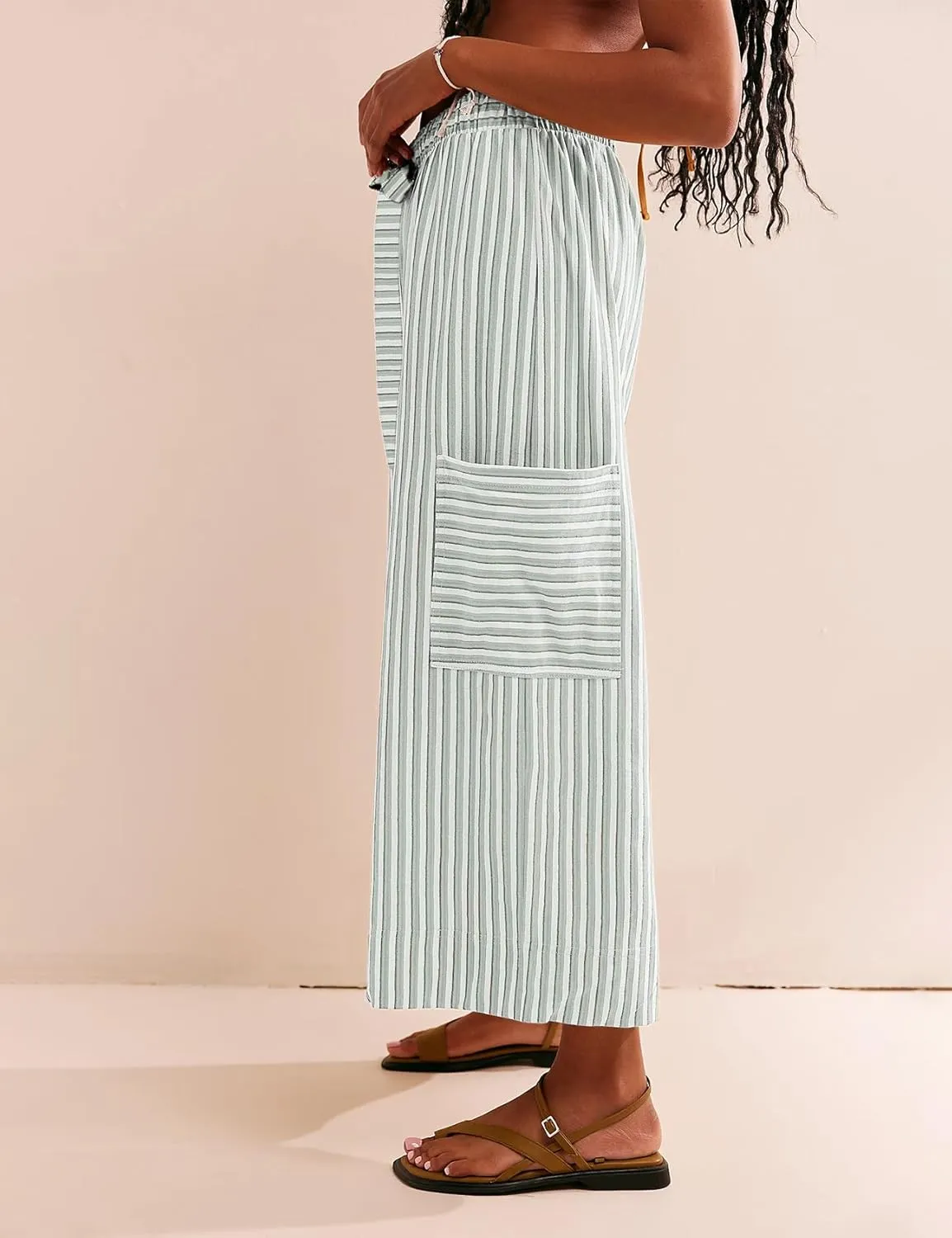 Women's Wide Leg Lounge Pants Striped Mid Waisted Drawstring Beach Pants Capri Pants Trousers with Pockets