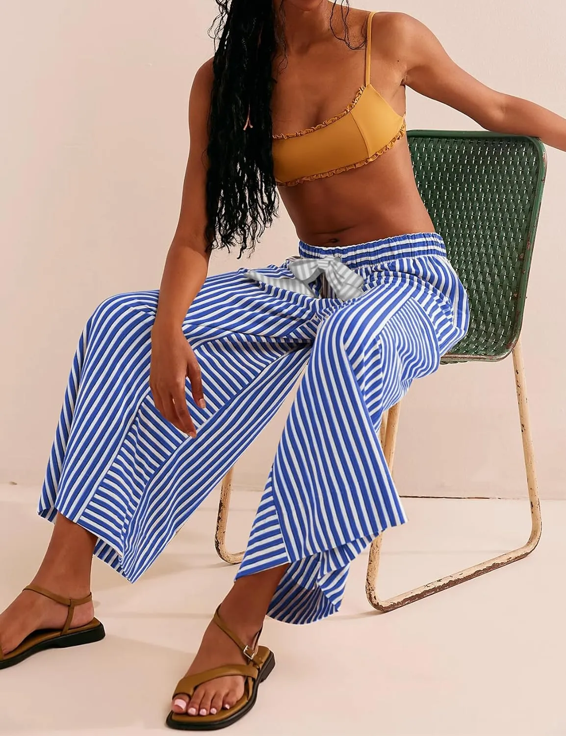 Women's Wide Leg Lounge Pants Striped Mid Waisted Drawstring Beach Pants Capri Pants Trousers with Pockets