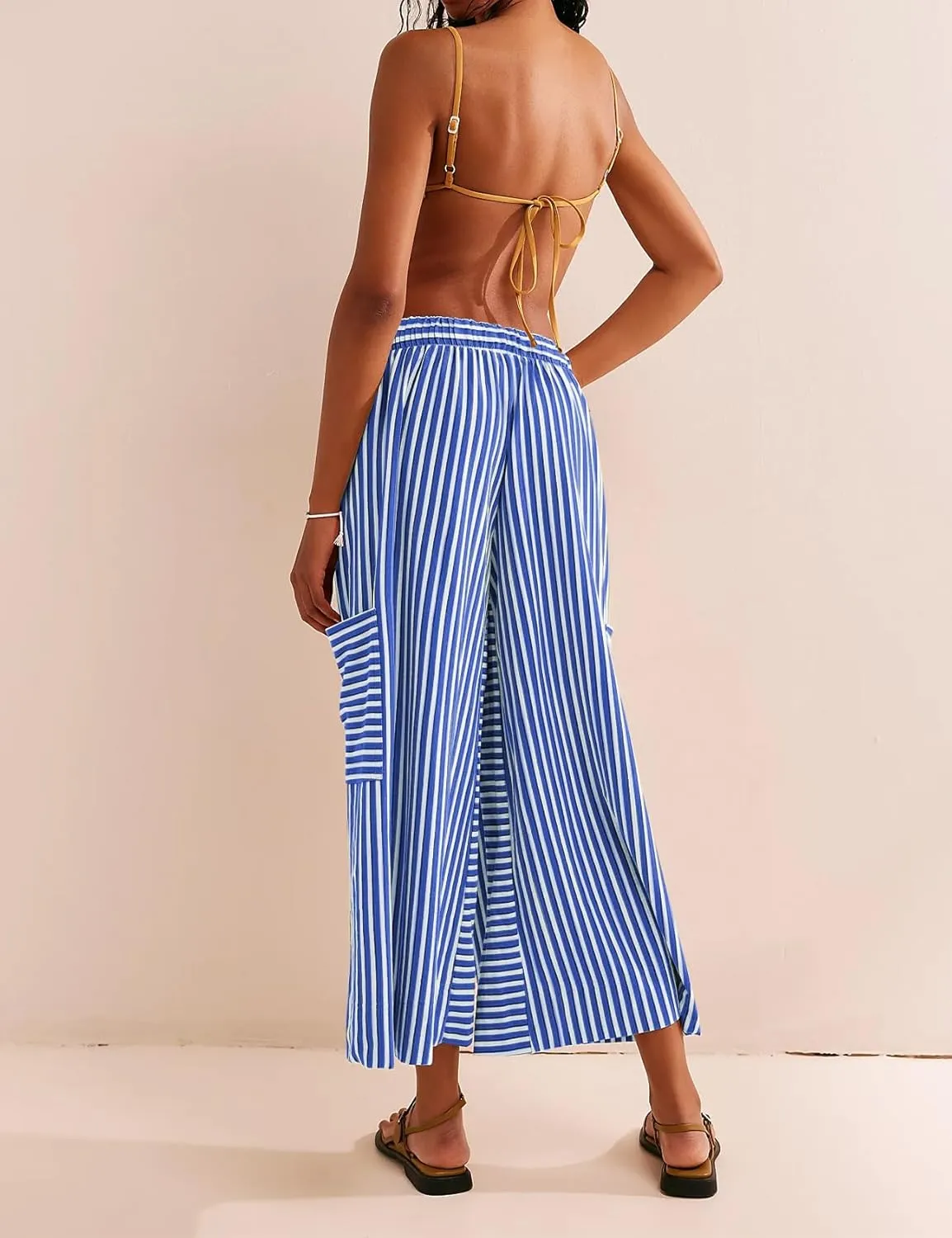 Women's Wide Leg Lounge Pants Striped Mid Waisted Drawstring Beach Pants Capri Pants Trousers with Pockets