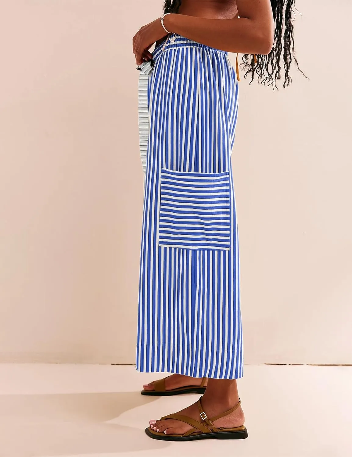 Women's Wide Leg Lounge Pants Striped Mid Waisted Drawstring Beach Pants Capri Pants Trousers with Pockets