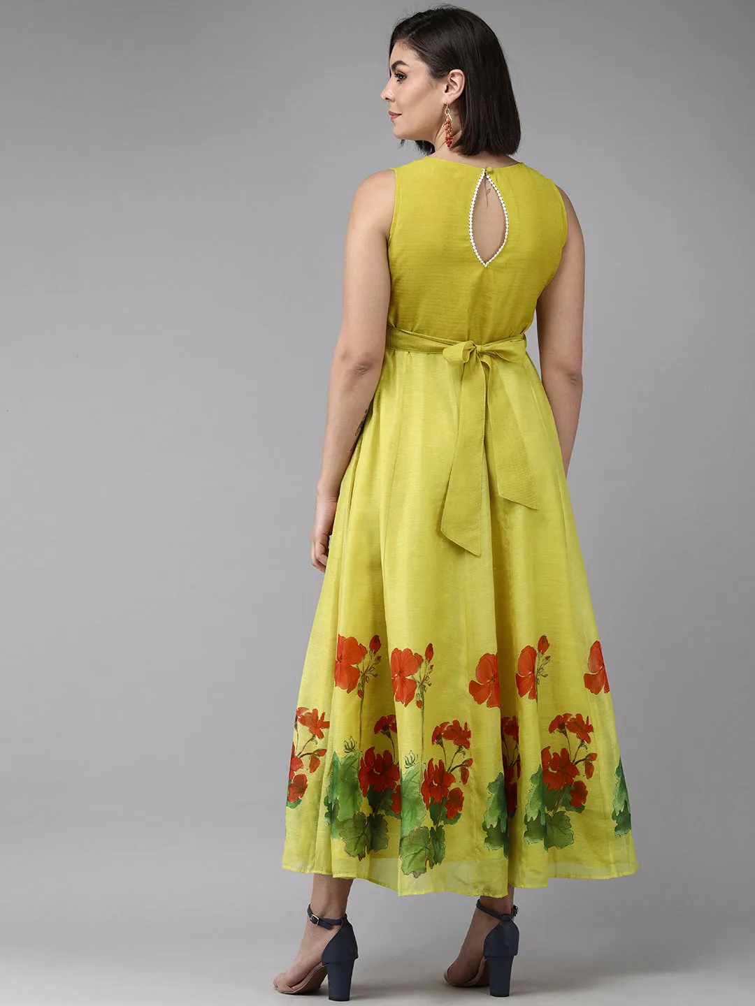 Yellow Floral Chanderi Silk Maxi Dress