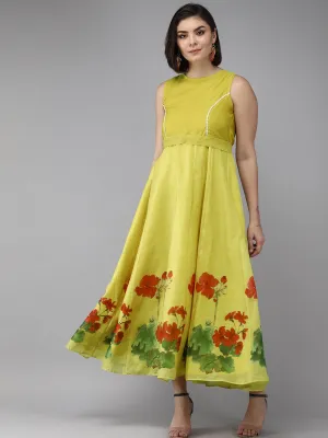 Yellow Floral Chanderi Silk Maxi Dress