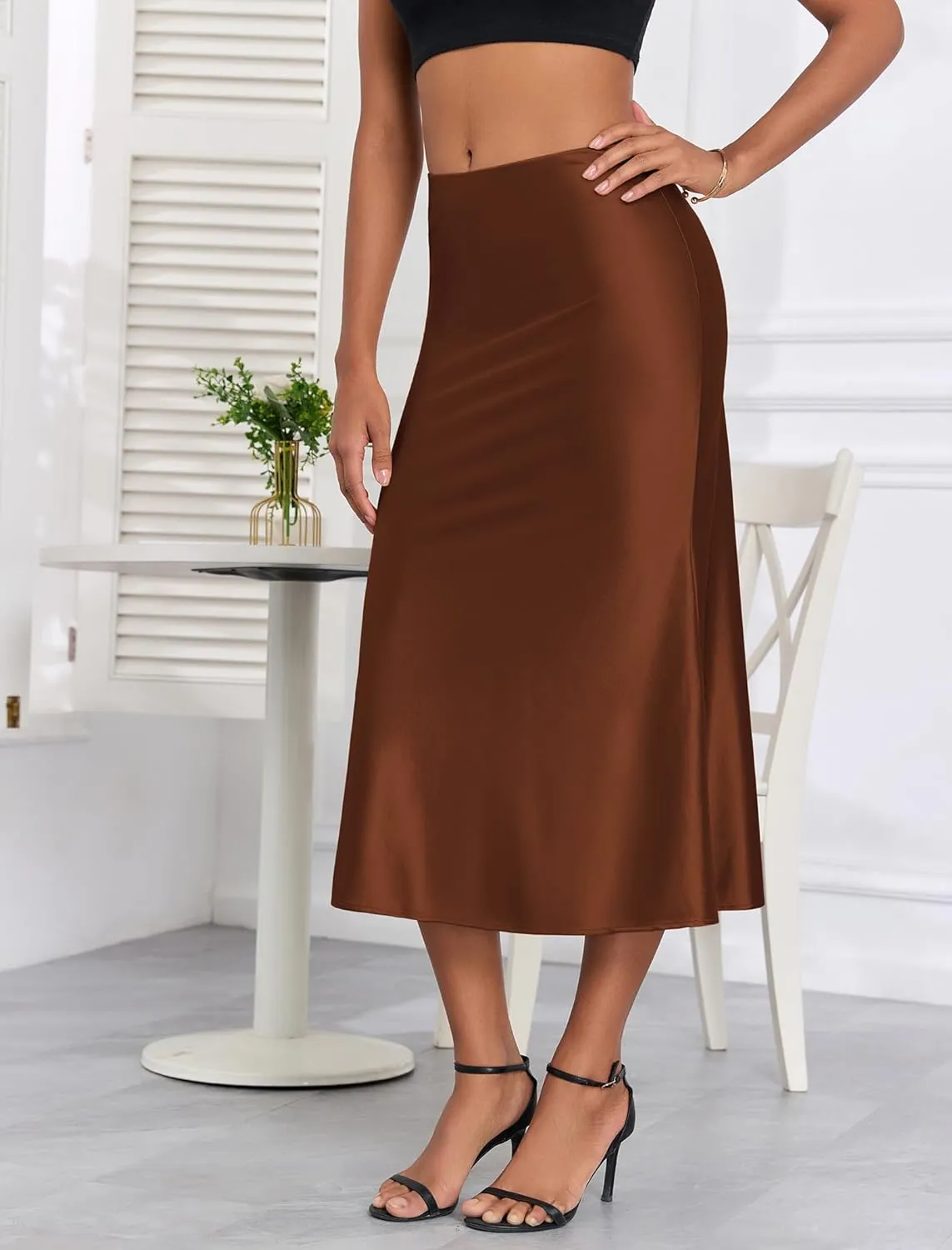 ZAFUL Women Satin Silk Midi Skirts Elegant High Waist Hidden Side Zipper Elastic Waist Flared A Line Skirts