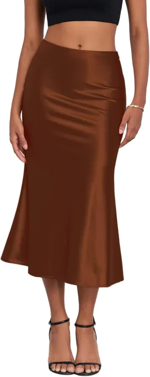 ZAFUL Women Satin Silk Midi Skirts Elegant High Waist Hidden Side Zipper Elastic Waist Flared A Line Skirts