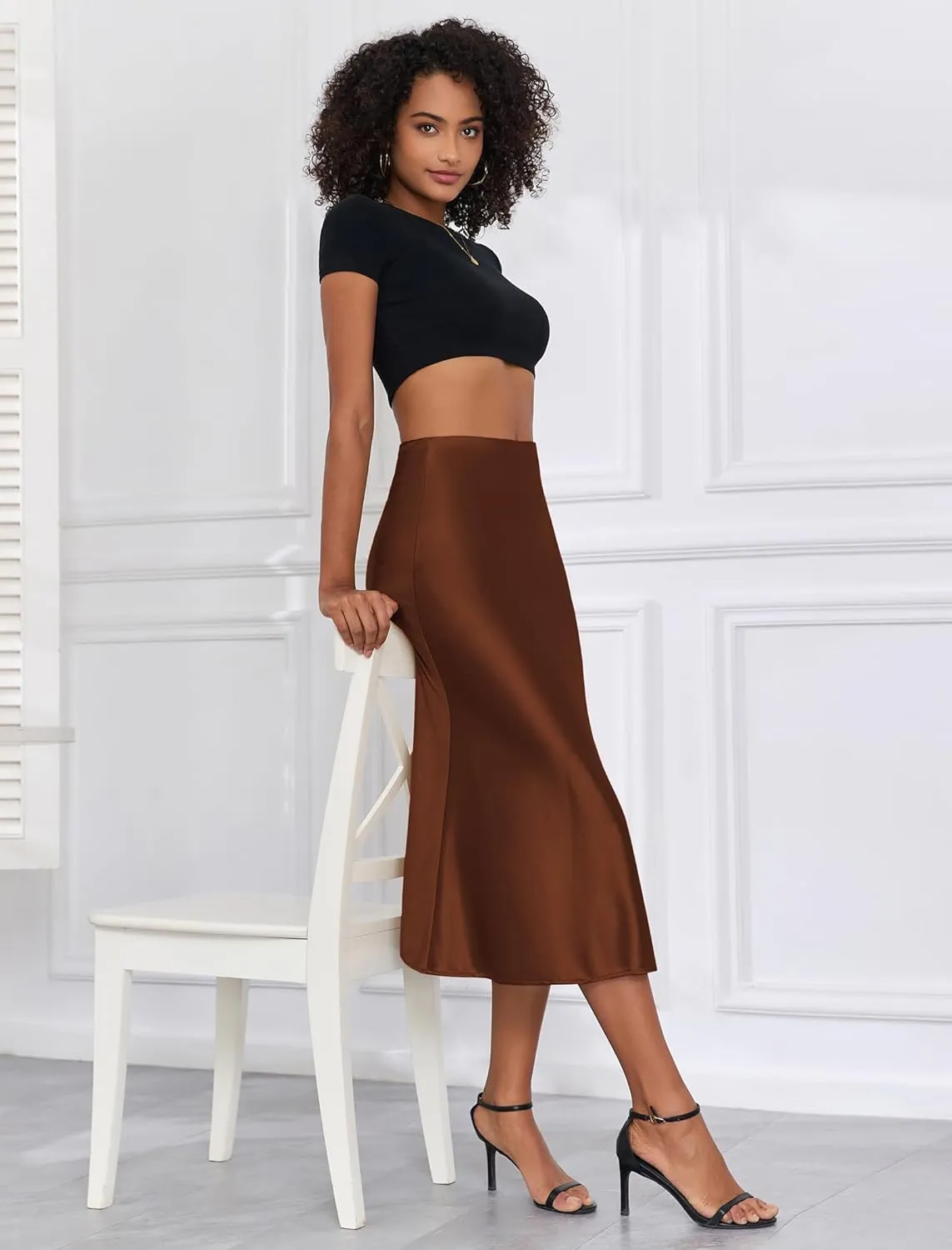 ZAFUL Women Satin Silk Midi Skirts Elegant High Waist Hidden Side Zipper Elastic Waist Flared A Line Skirts