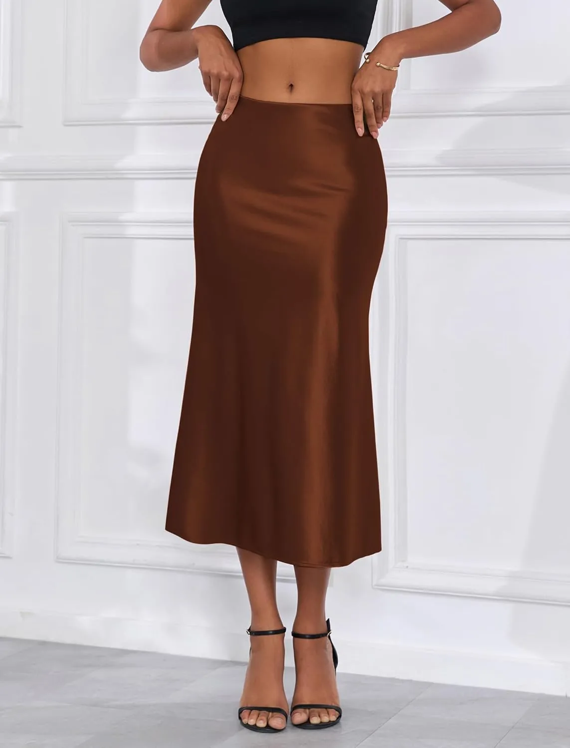 ZAFUL Women Satin Silk Midi Skirts Elegant High Waist Hidden Side Zipper Elastic Waist Flared A Line Skirts