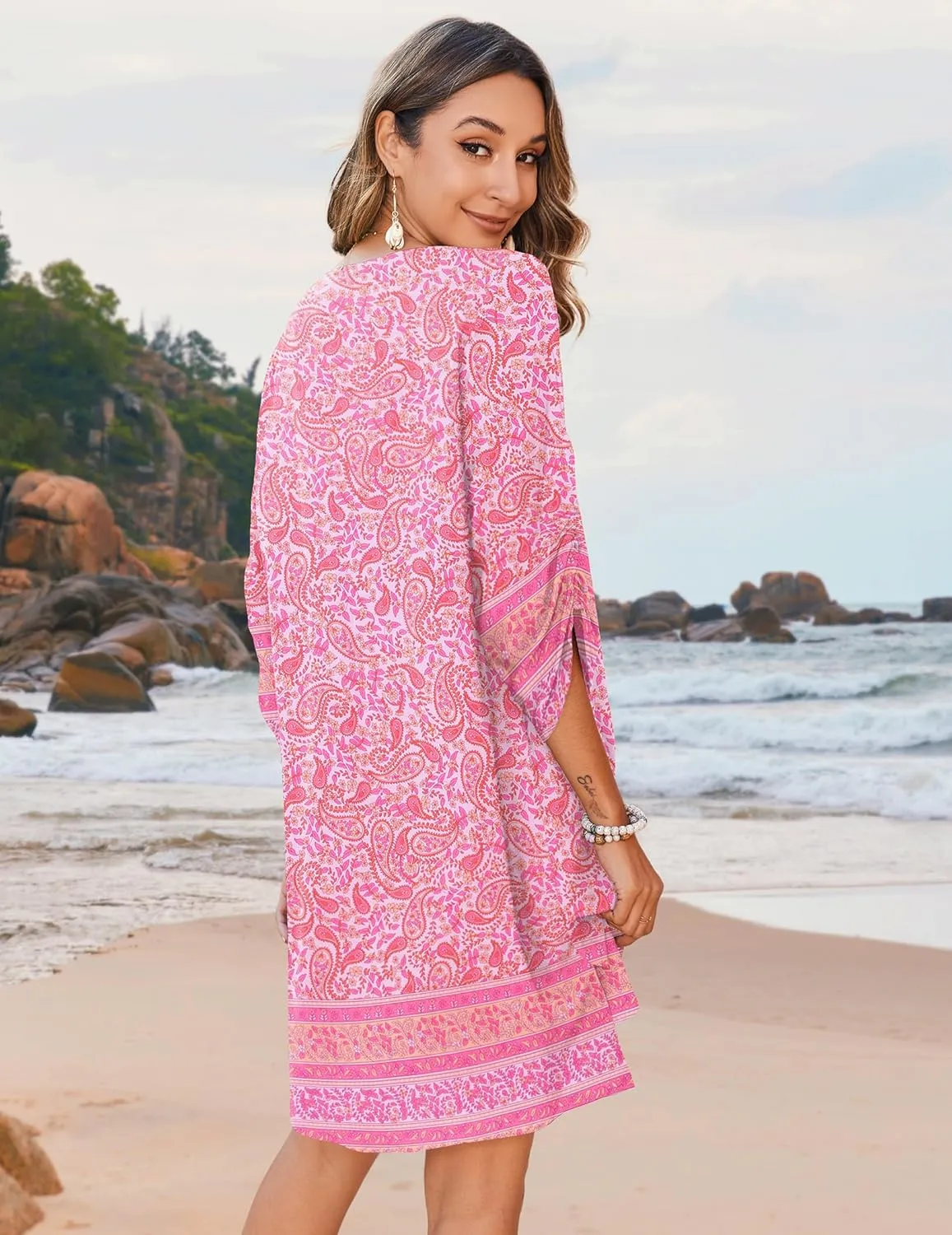Zeagoo Womens Boho Dresses Casual Beach Summer Dress Tassel Tie Neck 3/4 Long Sleeve Mini Sundress 2025 Floral Print Cover Up
