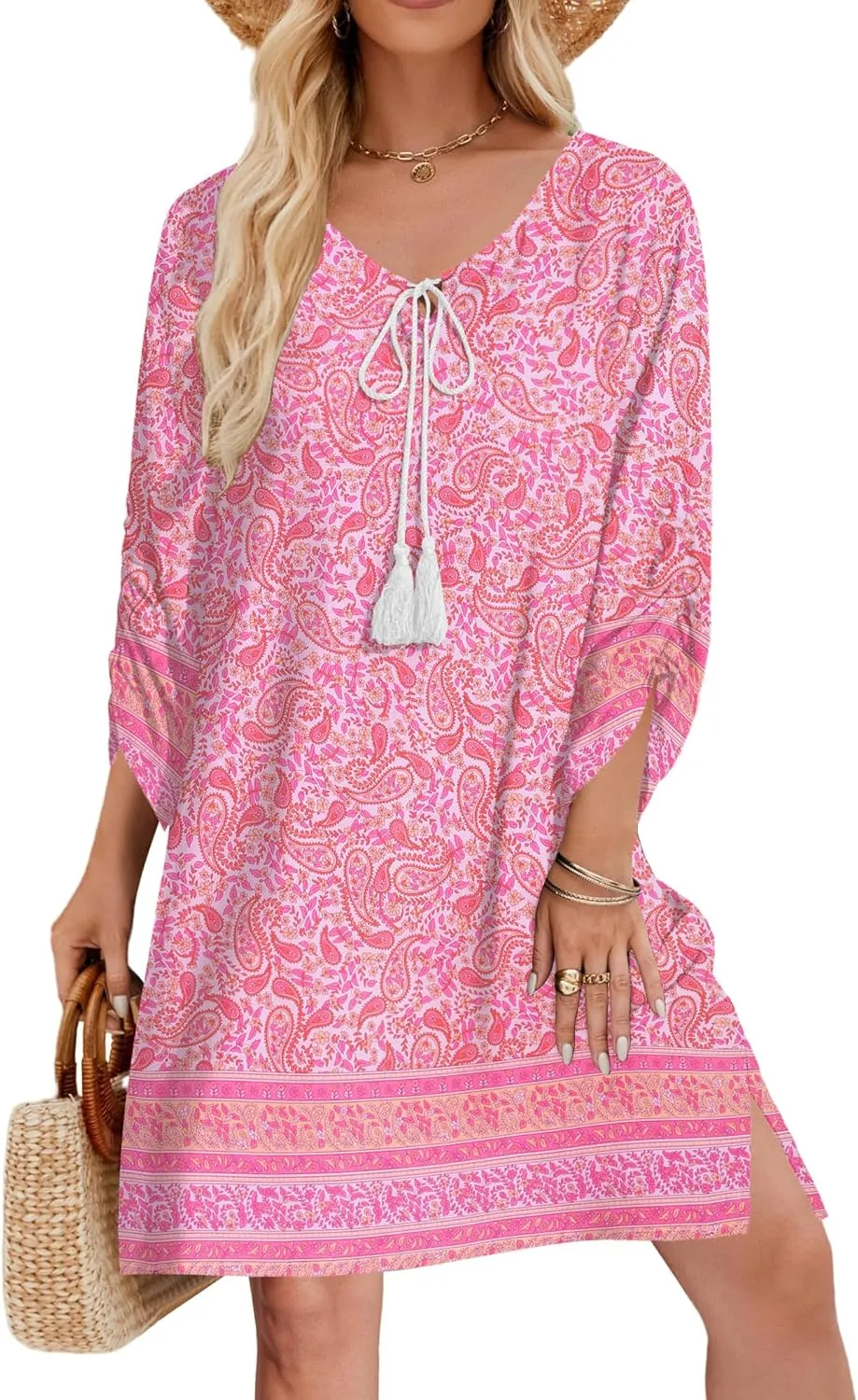 Zeagoo Womens Boho Dresses Casual Beach Summer Dress Tassel Tie Neck 3/4 Long Sleeve Mini Sundress 2025 Floral Print Cover Up