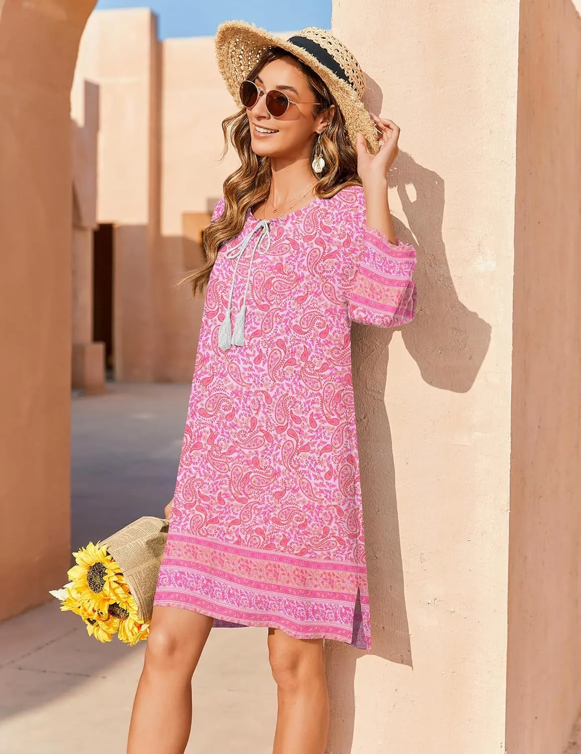 Zeagoo Womens Boho Dresses Casual Beach Summer Dress Tassel Tie Neck 3/4 Long Sleeve Mini Sundress 2025 Floral Print Cover Up