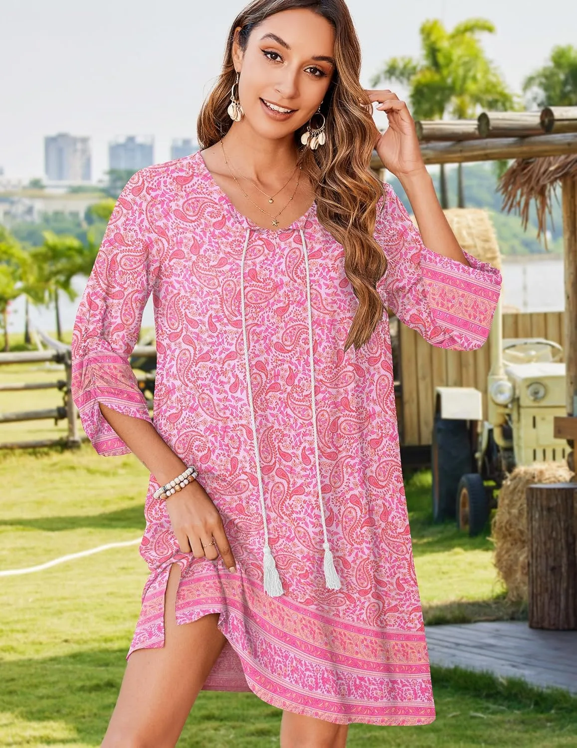 Zeagoo Womens Boho Dresses Casual Beach Summer Dress Tassel Tie Neck 3/4 Long Sleeve Mini Sundress 2025 Floral Print Cover Up